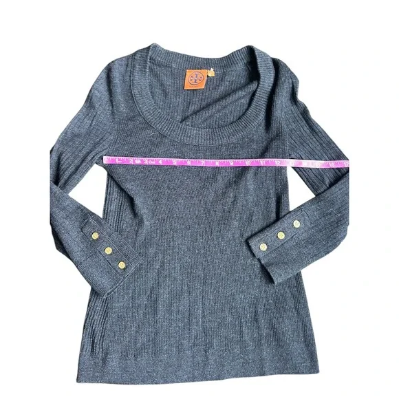 Tory Burch Ribbed Merino Wool Long Sleeve Sweater Crew Neck Navy Blue Size S - Picture 3 of 7